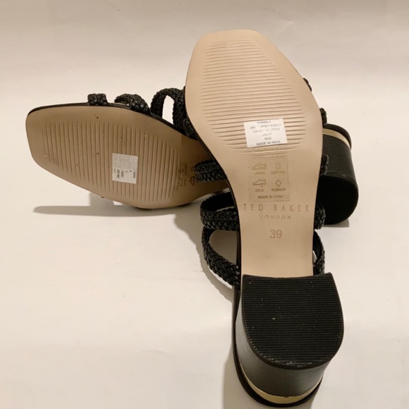 Ted Baker Emalia Gold Leather Slides Braided Straps Sandals Block Heel Mule Pump - Picture 7 of 9